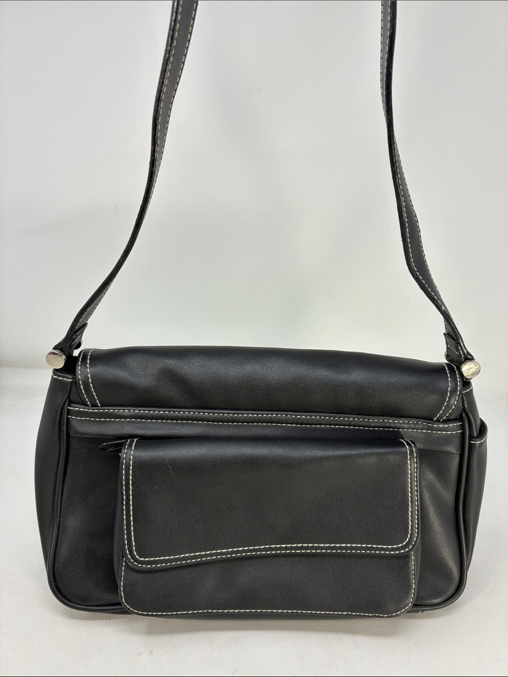 Villager Black Shoulder Bag with White Contrast Stitching
